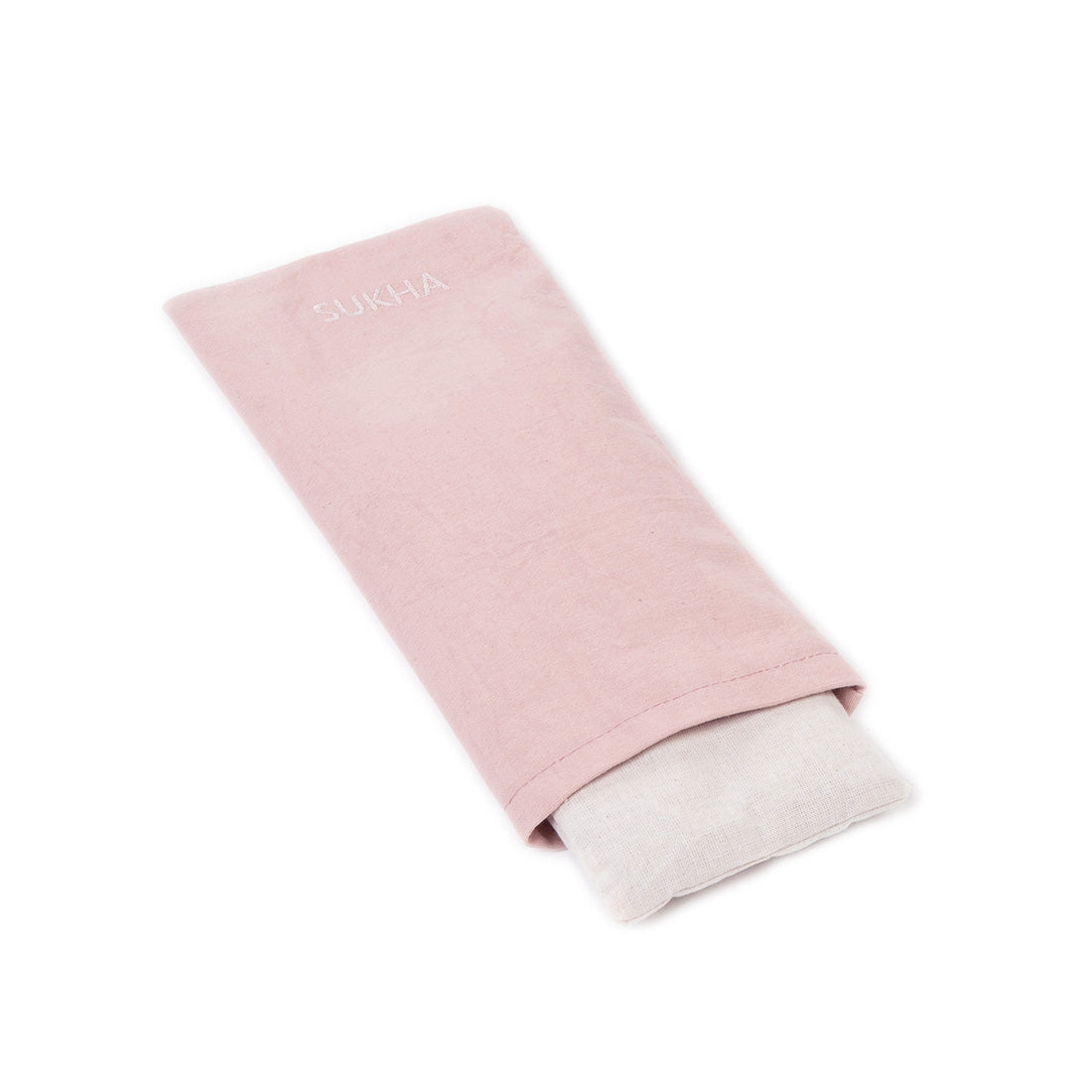 Almohadilla ocular Sukha Argentina con flores de lavanda y semillas orgánicas, en color rosa, para relajación y cuidado de los ojos.