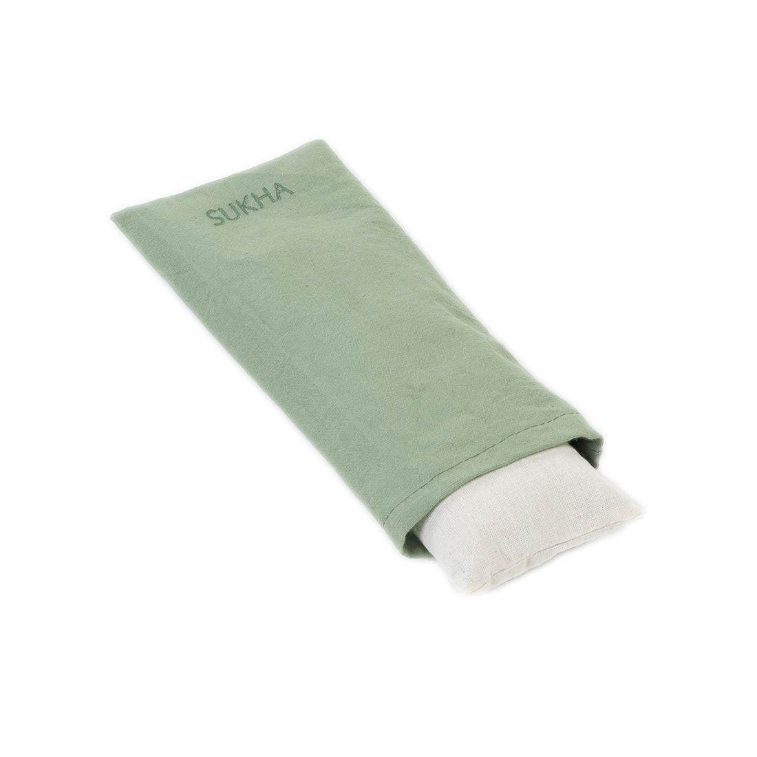 Almohadilla ocular verde de Sukha Argentina rellena con lavanda y semillas, para relajación y cuidado de los ojos.