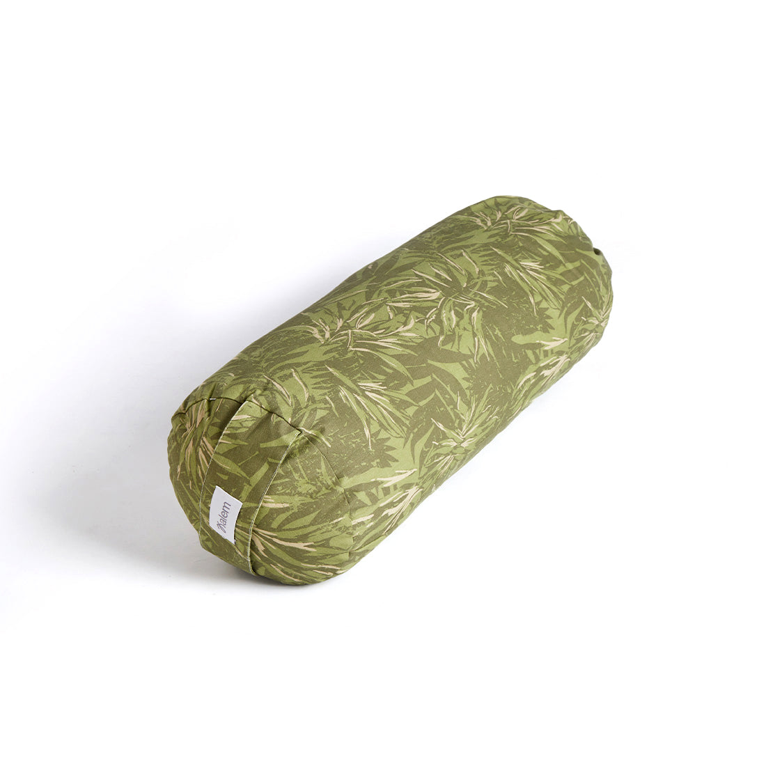 Almohadón redondo de yoga estampado en color verde con relleno de estopa de la marca Sukha Argentina.