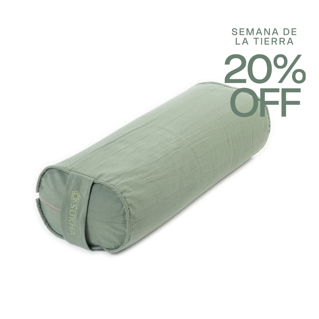 Muestra un bolster rectangular verde de la marca Sukha Argentina, ideal para yoga y relajación, colocado sobre una superficie.