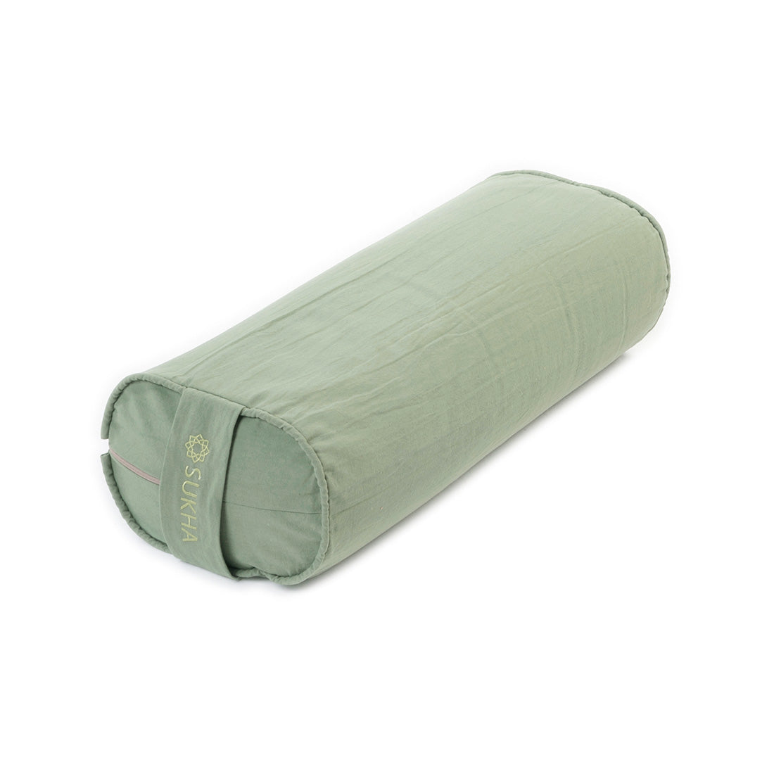 Funda de cojín rectangular verde para bolster Sukha Argentina, con relleno suave y diseño moderno en tela resistente.
