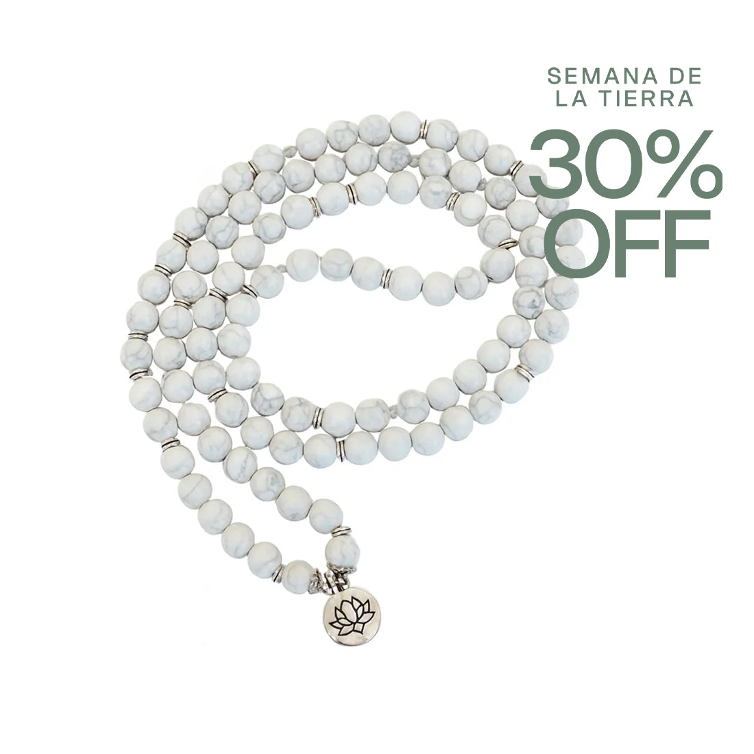 Japamala Sukha Argentina de color blanco con cuentas, utilizado para meditación y prácticas espirituales.