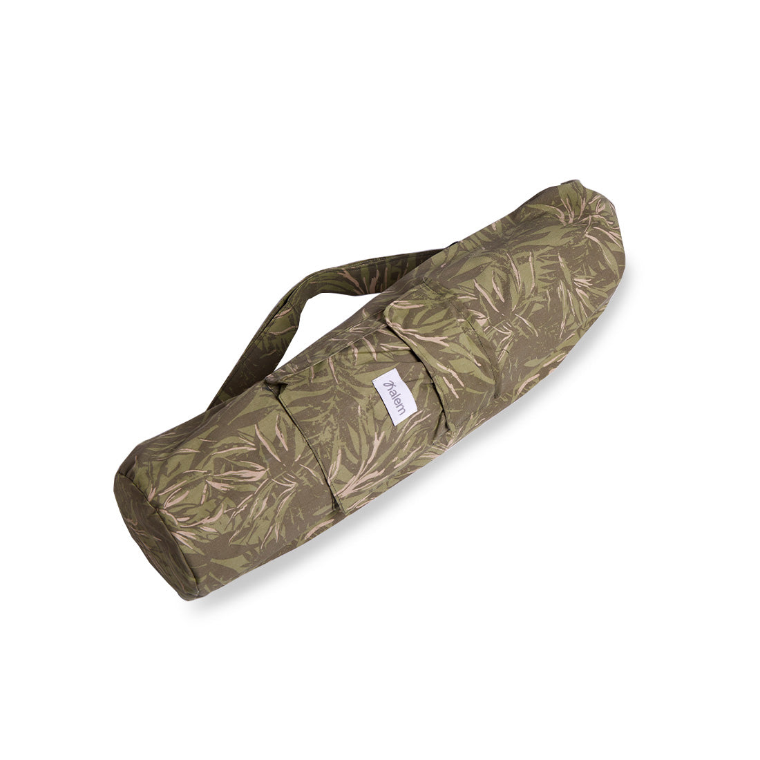 Bolso portamonedas de gabardina estampada en verde con correa ajustable de la marca Sukha Argentina.