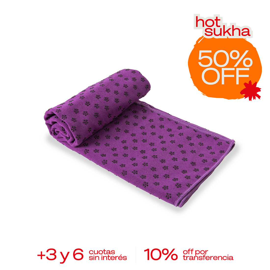 Toalla de yoga antideslizante Sukha Argentina sobre una manta de yoga, mostrando textura y tamaño compacto para prácticas.
