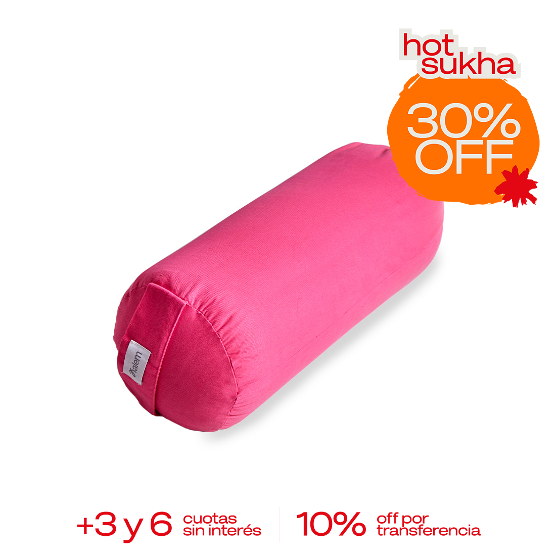 Fondo de imagen de un bolster redondo de Sukha Argentina con relleno de estopa, en color rojo.