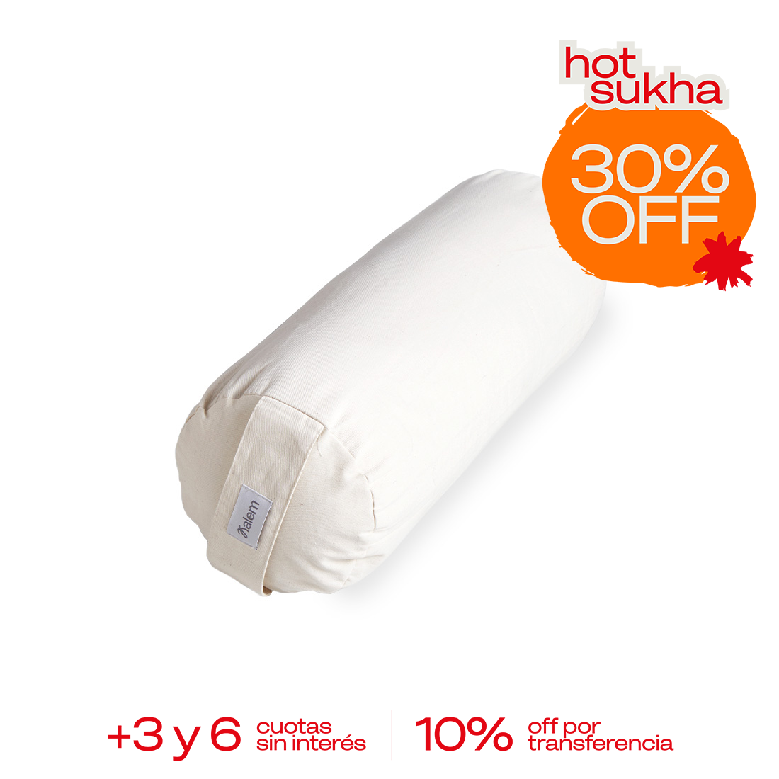 Bolster redondo de Sukha Argentina con relleno de cáscara de trigo sarraceno en una mesa de trabajo, visible en la imagen.