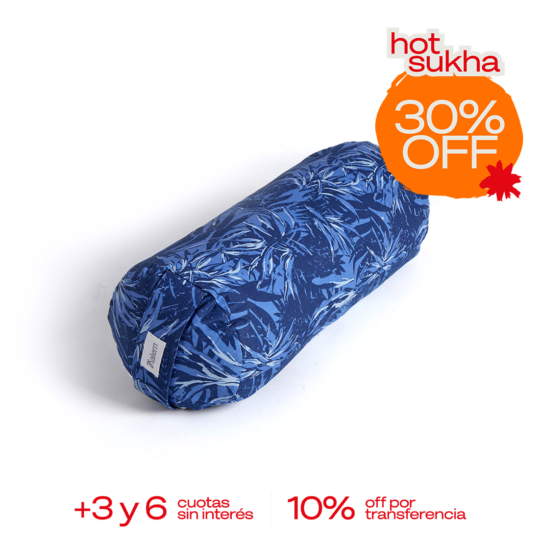 Almohadón redondo de yoga estampado de Sukha Argentina con relleno de estopa, en colores vibrantes y diseño artístico.