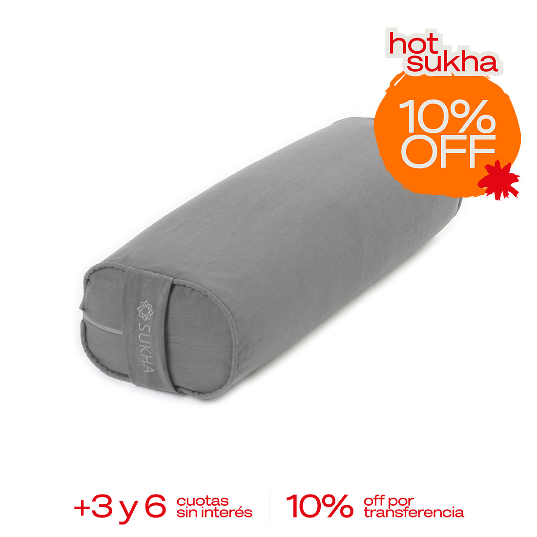 Bolster rectangular Sukha Argentina en color gris, con textura suave y diseño cómodo para descanso y soporte.
