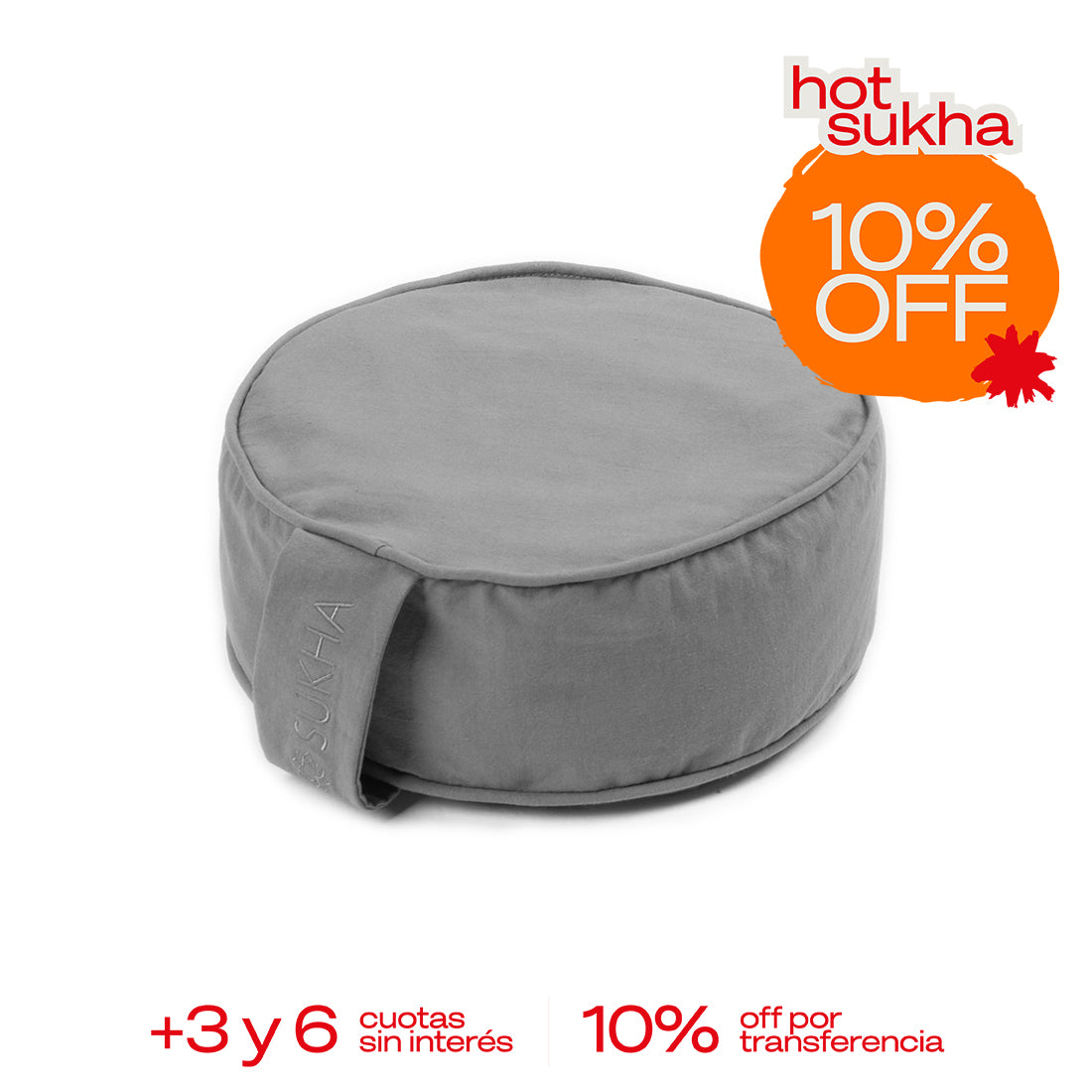 Zafu de meditación ergonómico Sukha Argentina sobre una mesa, con forma redonda y cojín de tela suave en tonos neutros.
