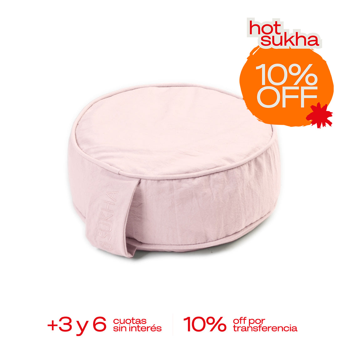 Zafu de meditación ergonómico Sukha Argentina sobre una mesa, cojín redondo con funda de tela en tonos neutros para práctica de yoga.