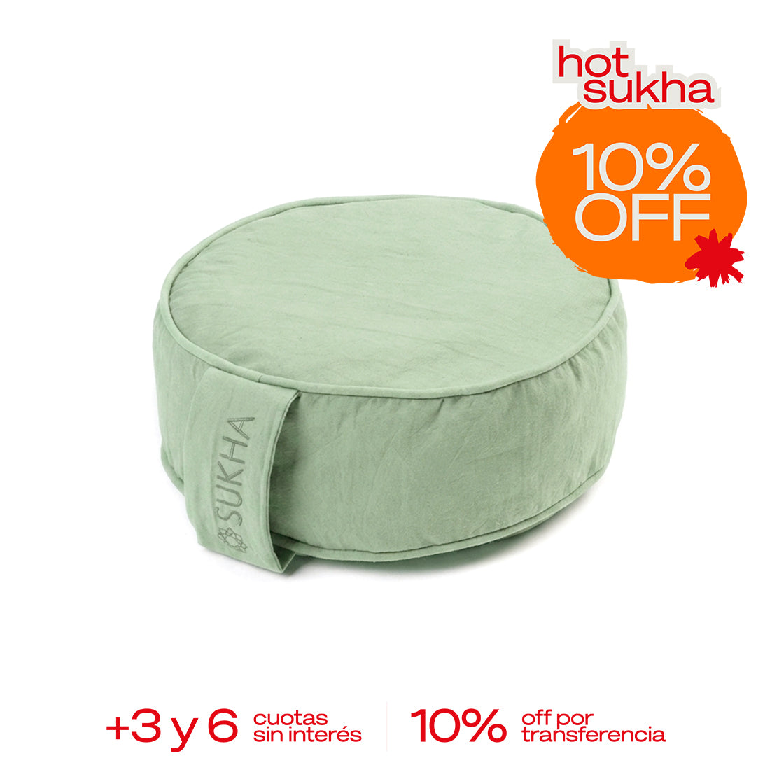 Zafu de meditación ergonómico Sukha Argentina, cojín redondo para yoga y relajación, en color beige, sobre una mesa.