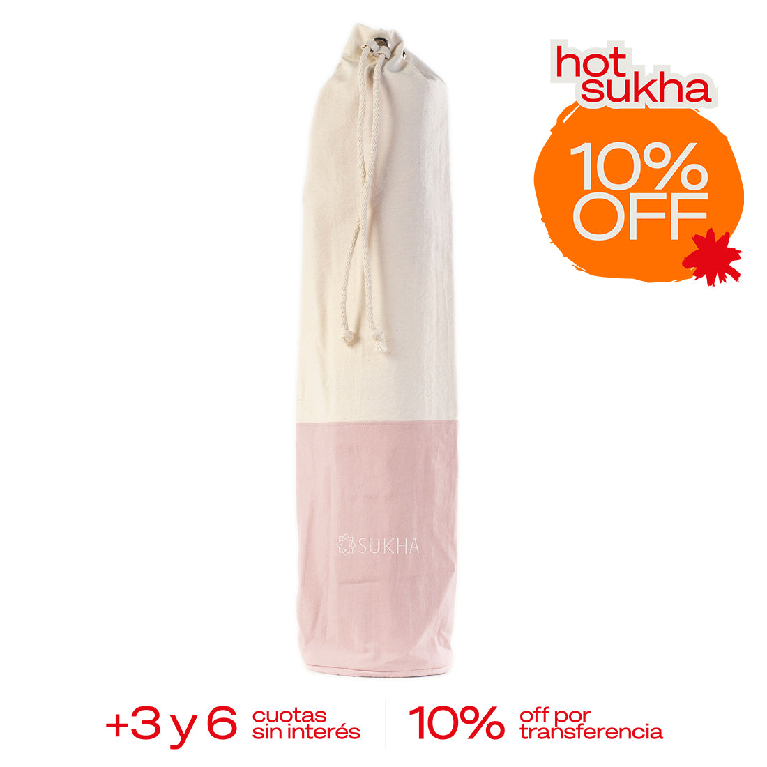 Bolso portamatt Shanti de Sukha Argentina, en mesa de trabajo, con diseño de tela y detalles en colores neutros.