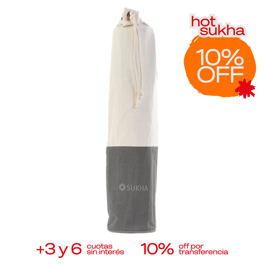Bolso portamats Shanti de Sukha Argentina, con diseño elegante, en tono neutro, sobre mesa de trabajo.