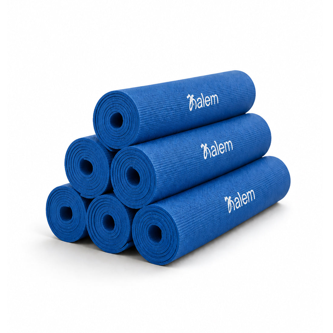 Esteras de yoga Sukha Argentina Essential Kalem x6 en colores variados, vistas de las esterillas enrolladas y extendidas.