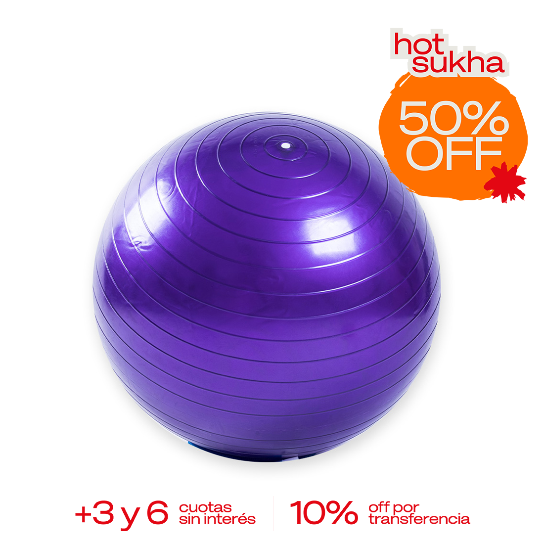 Pelota de esferodinamia Sukha Argentina sobre mesa de trabajo, diseñada para ejercicios de terapia y entrenamiento físico.
