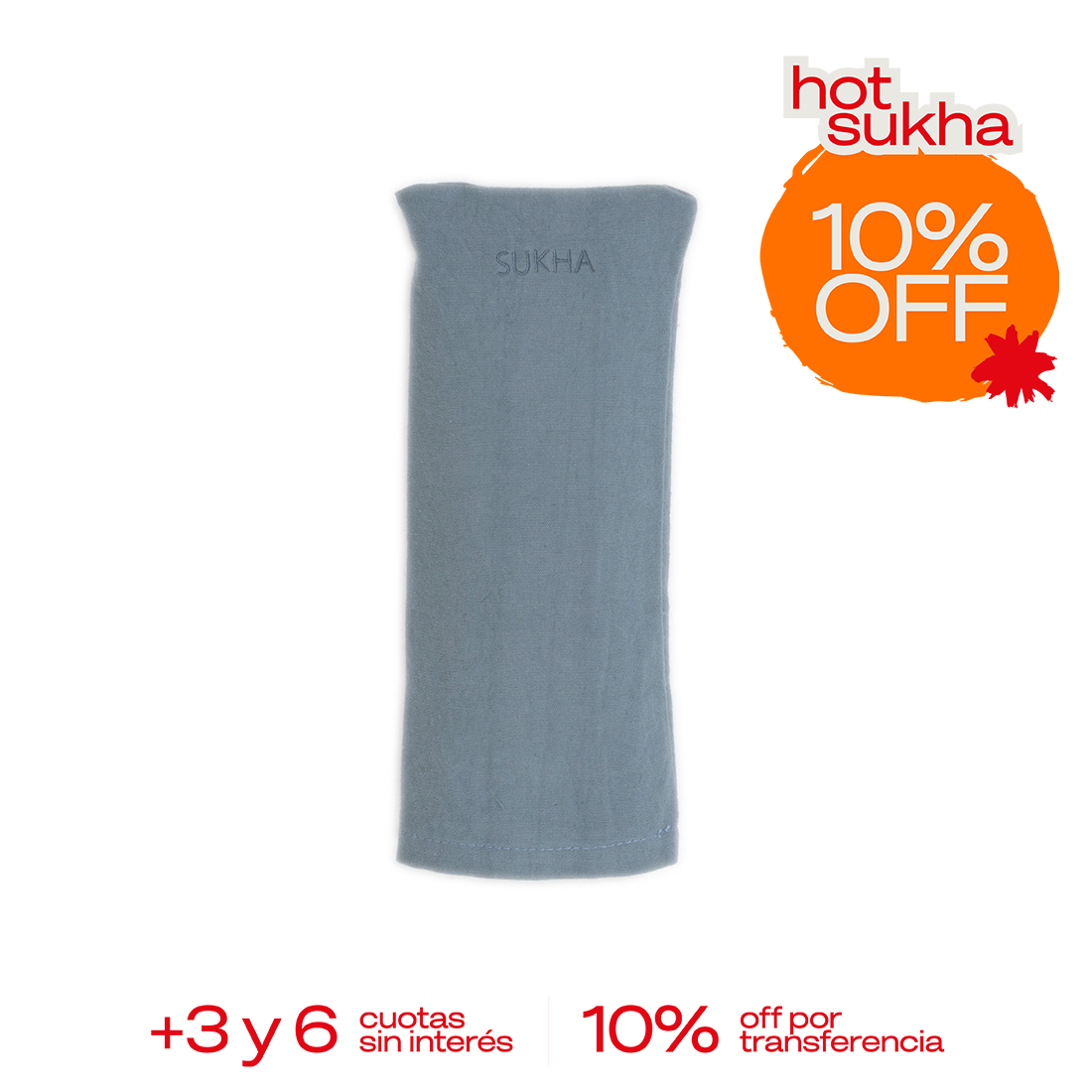 Almohadilla ocular de Sukha Argentina sobre mesa de trabajo, suave y acolchada para relajación y cuidado de los ojos.