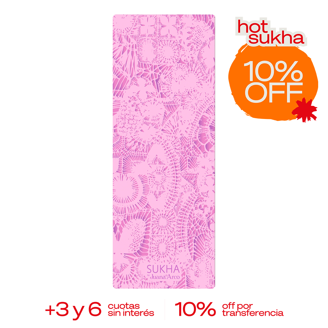 Esterilla de yoga Superior Juana de Arco de Sukha Argentina sobre una mesa, muestra superficie antideslizante y diseño colorido.