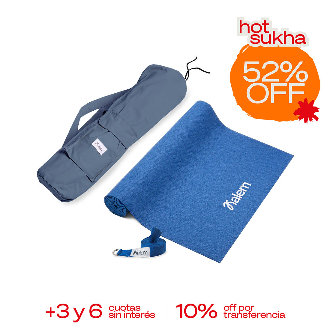 Almohadilla de yoga Ultra 4.5mm, porta-algodón y cinturón de 2m de Sukha Argentina en una superficie de trabajo.