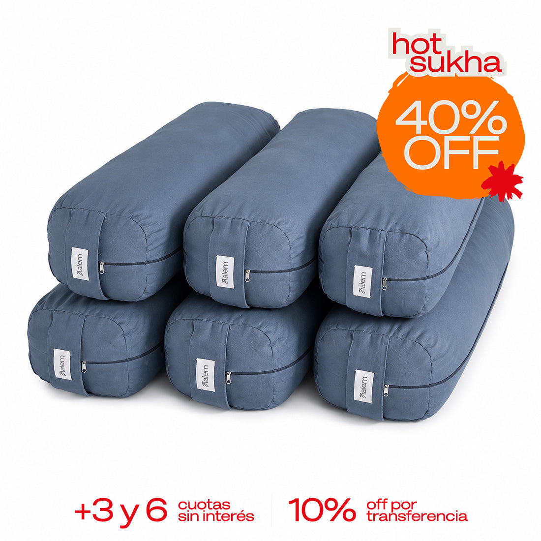 Combo de 6 bolster rectangulares rellenos de estopa de Sukha Argentina sobre mesa de trabajo