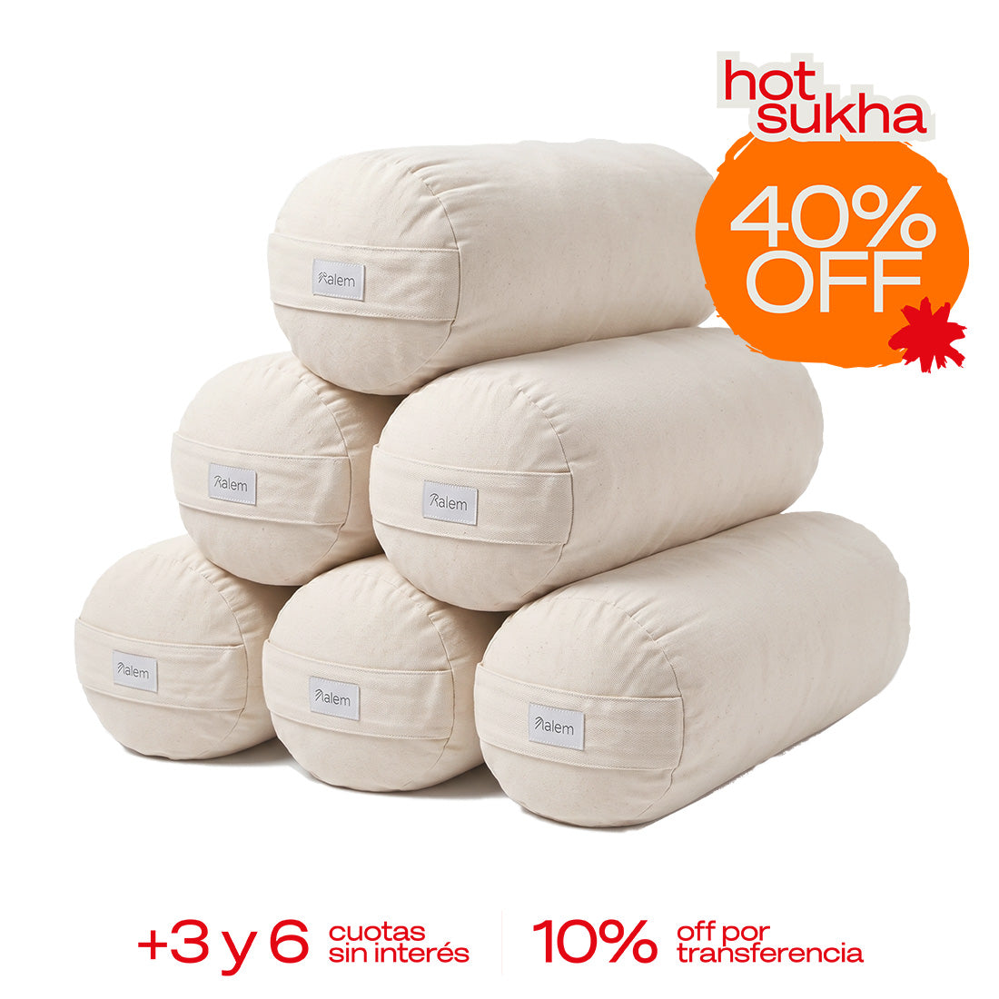 Set de 6 bolster redondo relleno de estopa de Sukha Argentina, ideal para decoración y soporte en espacios de trabajo.