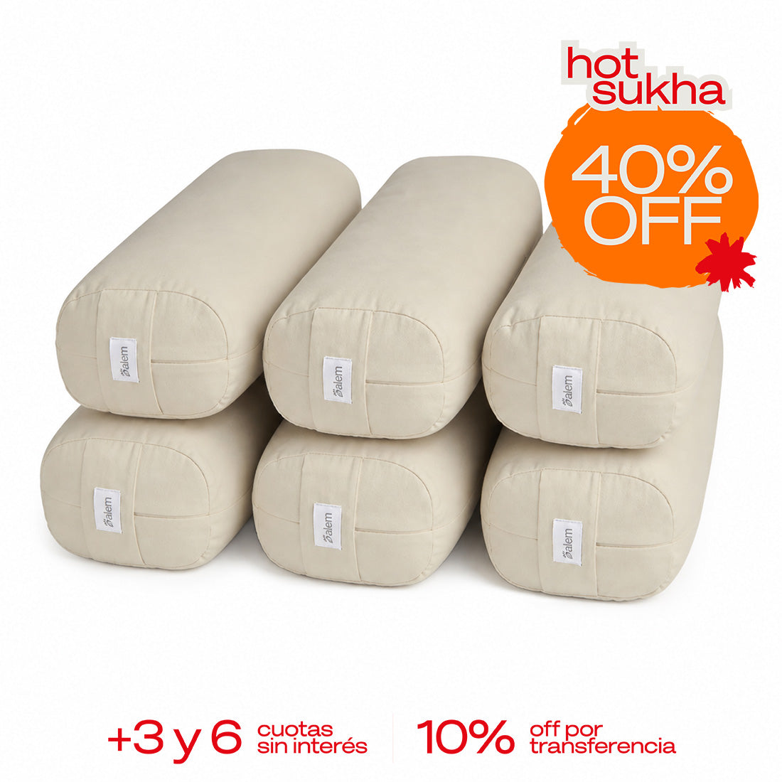 Combo de 6 bolster rectangulares Sukha Argentina con relleno de estopa, ideales para decoración y descanso.