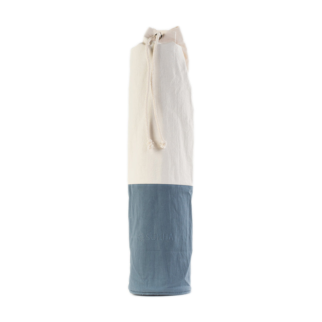 Bolso portamatt Shanti de Sukha Argentina en tela de algodón azul, vista frontal.