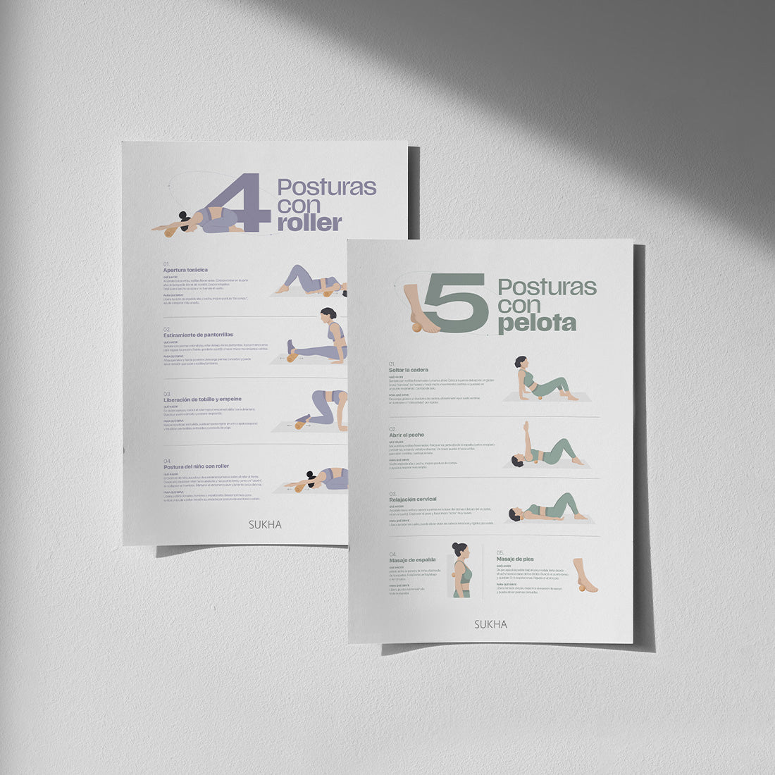 Cartel de posters con posturas de yoga usando roller y pelota de corcho, de la marca Sukha Argentina.