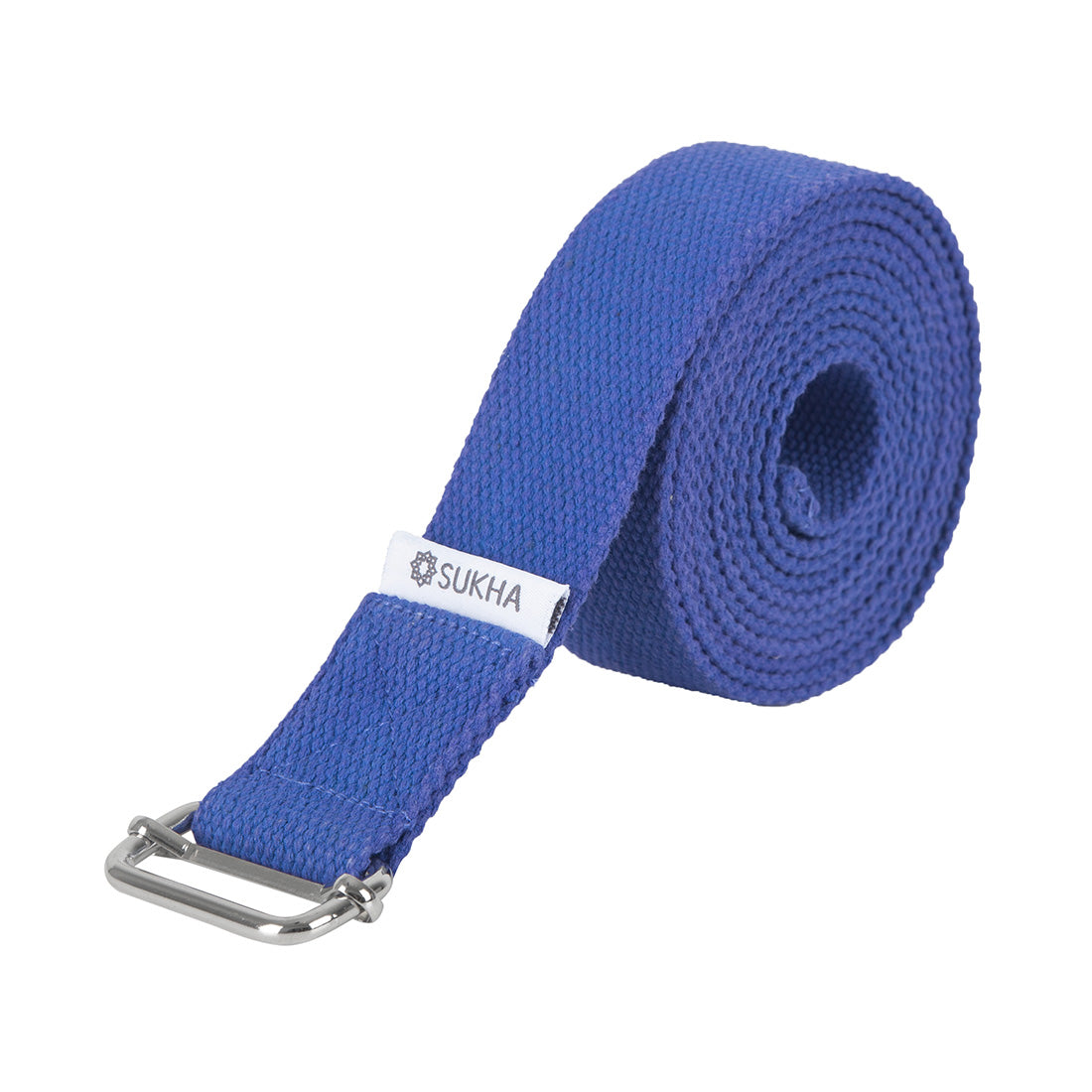 Cinto de yoga Sukha Argentina azul, detalle del lazo y textura del material para estiramiento y flexibilidad.