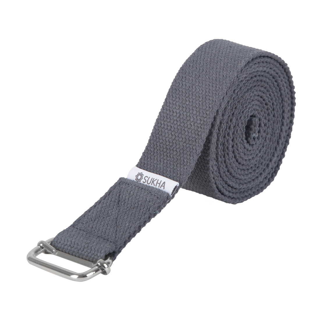 Cinto de yoga gris Sukha Argentina, con detalles de costura, utilizado para estiramientos y prácticas de yoga.