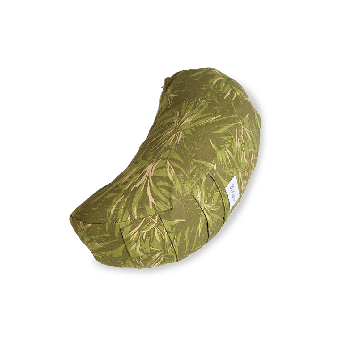 Funda de zafu media luna estampado verde de Sukha Argentina, relleno de estopa, para meditación y descanso.