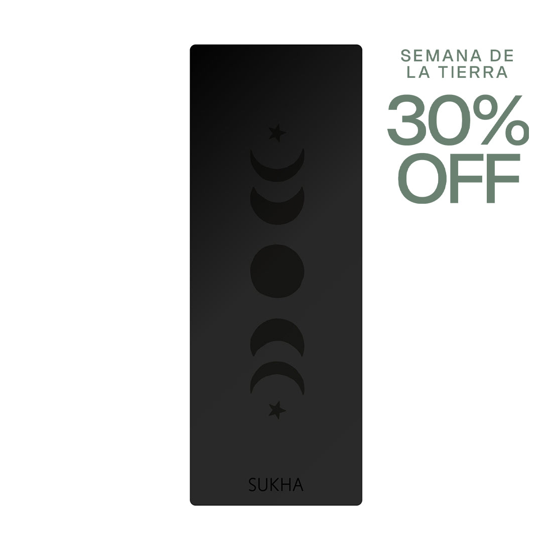 Esterilla de yoga negra con diseño de luna y puntos, marca Sukha Argentina, ideal para prácticas de yoga y bienestar.